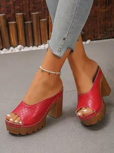 Retro plaid fish mouth thick heel sandals for women, waterproof platform thick soled sandals, comfortable breathable, daily wear open toe, versatile for summer commuting, high-heeled women's sandals, Footwear