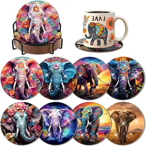 8-Piece Diamond Art Coaster Set with Stand, DIY Elephant Pattern, Suitable for Adults & Beginners, Craft Kit, Diamond Painting Kits, Perfect Gift