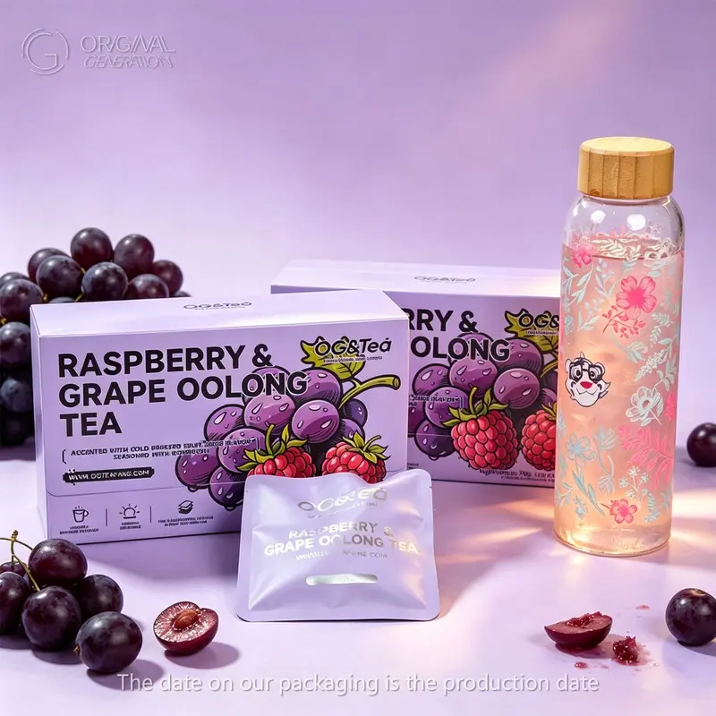 Bogo Raspberry Grape Oolong Tea 2 Cartons (70g 7g×10packs) ×2 With Color Changing Water Bottle 500ml/17oz Grape Oolong Tea Snow Pear Apple Raspberry Strawberry
