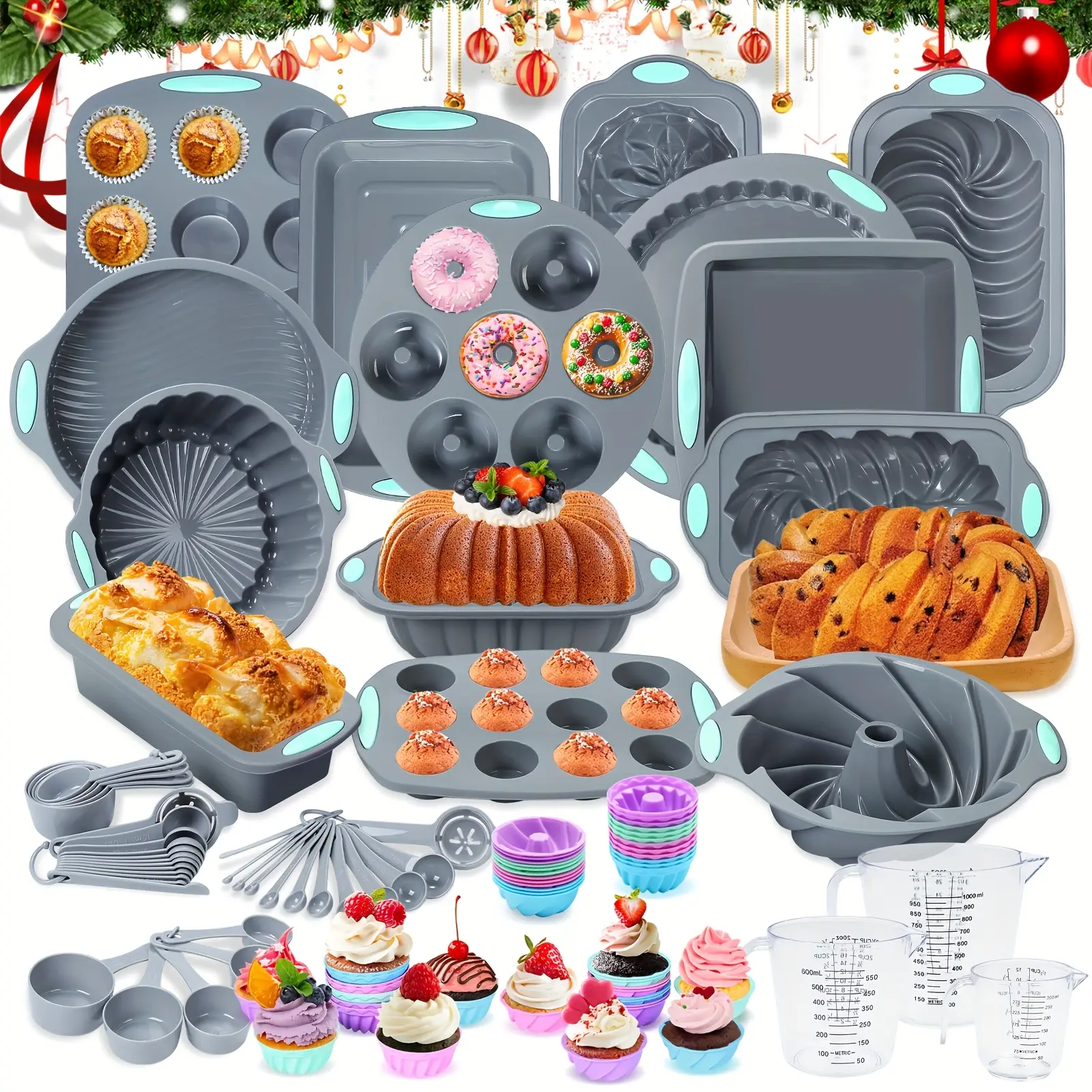 To encounter 99/54/21 Piece Grey Silicone Bakeware Set Nonstick Baking Pans Cake Loaf Cups Measuring Cups Spoons Easy Release Oven Silicone Pan for Kitchen Christmas Gifts Baked Baked