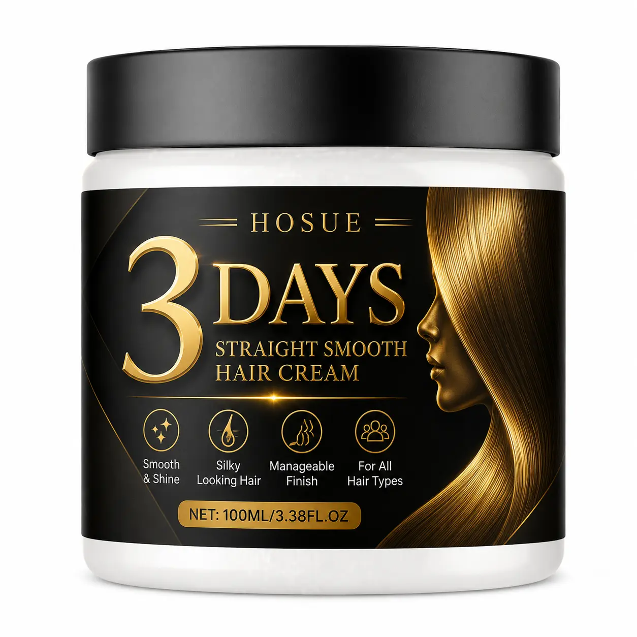 HOSUE 3 Days Straight Smooth Hair Cream Set Rich Keratin & Coconut Oil Formula for Sleek, Soft, Shiny-Looking Hair, Helps Tame Frizz and Improve Manageability, Easy Styling Care for All Hair Types, 100ml / 3.38 fl oz Each Jar, Unisex Hair Care