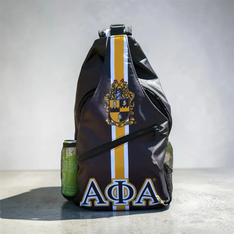 Alpha Phi Alpha Sling Backpack, Black and Gold Crest, Crossbody Bag