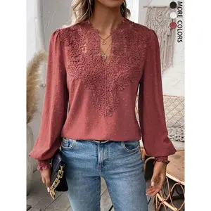 Women's Mixed Pattern Paisley Lace Swiss Dots Smocked Long Sleeve Blouse