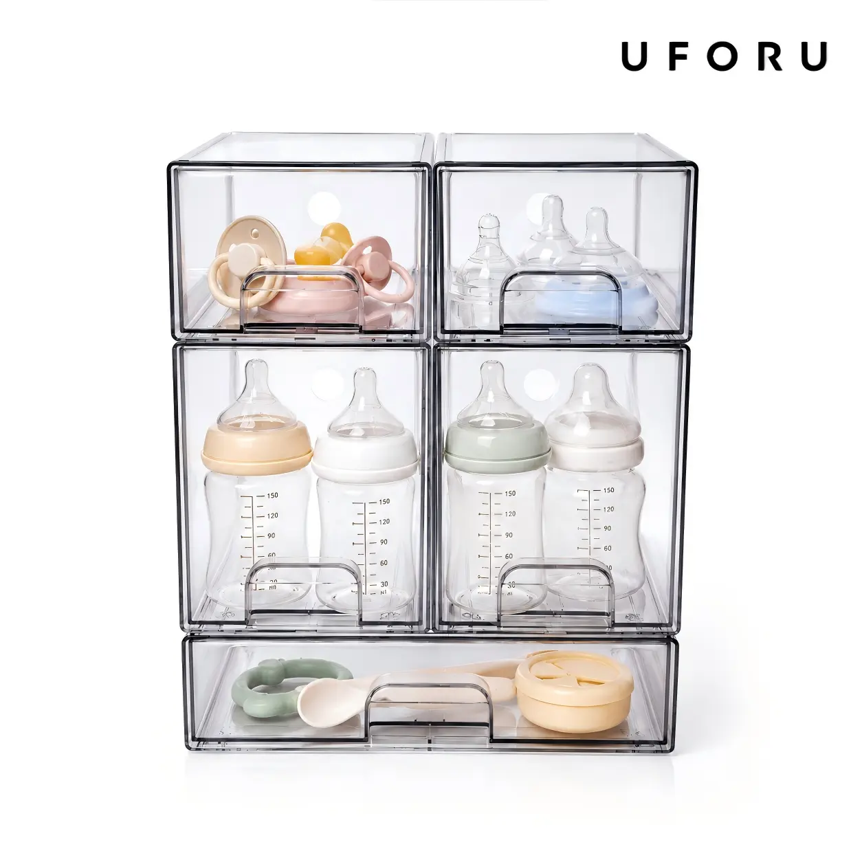 UFORU Stackable Storage Drawers Set of 5, Clear Plastic Organizer Bins for Baby Bottle, Beauty Supplies Storage, Ideal for Kichen Countertop, Vanity, Bathroom, Cabinet, Pantry Organization