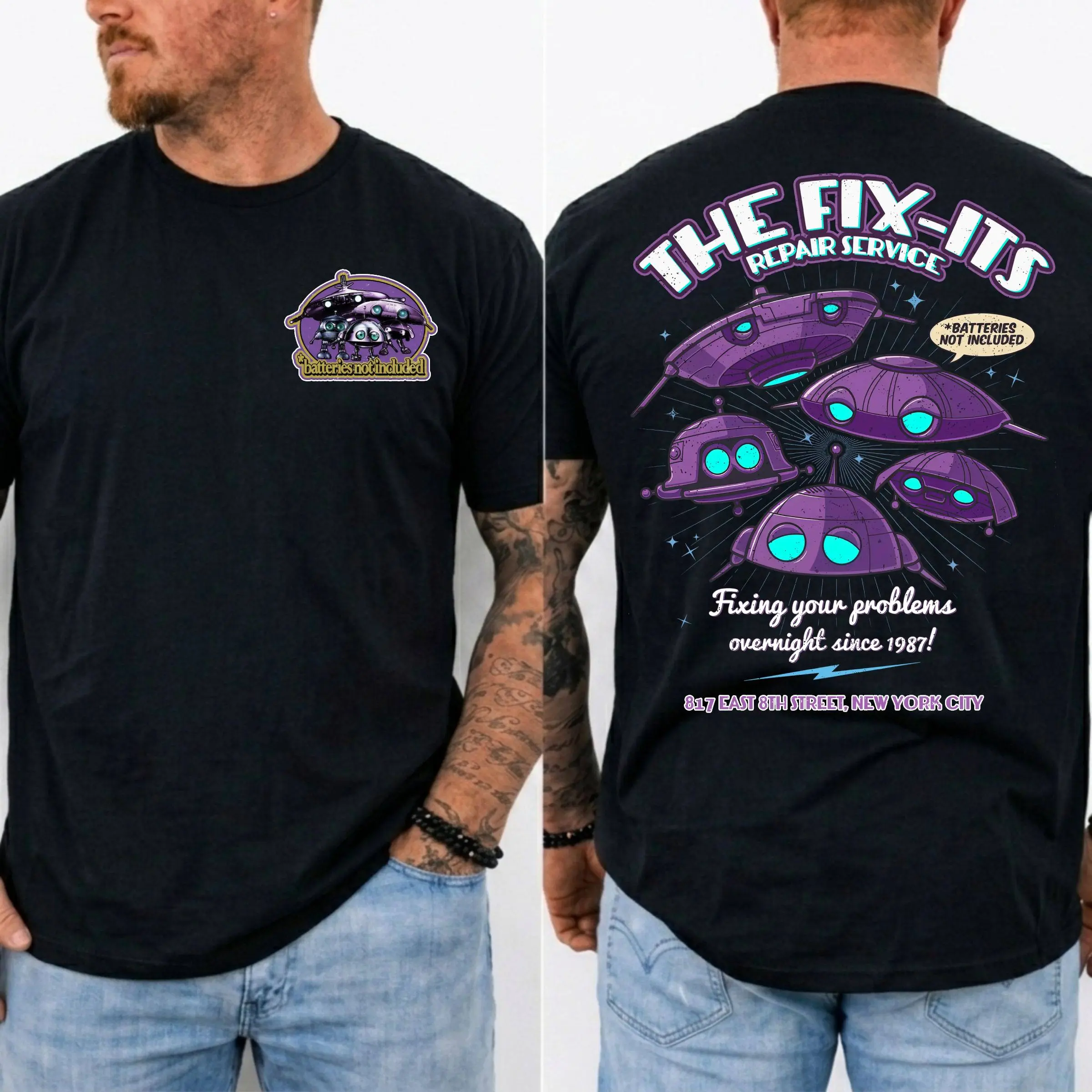 Batteries Not Included 1987 Inspired T-Shirt, The Fix-It Repair Service Retro Sci-Fi Graphic Tee, Vintage Alien Robot Movie Shirt, Unisex Gift