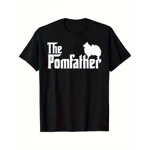 Men's Pomeranian Father T-Shirt - Casual Round Neck, Black with White Print, Short Sleeve, Dog Lover Apparel, Lightweight & Breathable