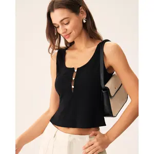 Black U-Neck Button Knit Tank Top