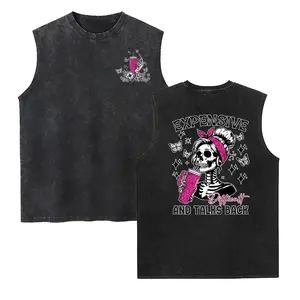 Cotton Short Sleeve Washed Vest Trendy Funny Woman Humor Shirts, Expensive Difficult and Talk Back Washed Vest, Adult Memes Tee, Woman Skeleton Graphic T-Shirt Casual Fabric