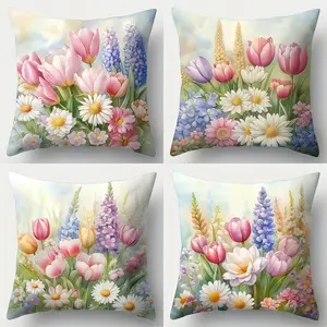 4pcs-Tulip Themed Throw Pillow Covers, Tulip Daisy Flower Pattern, Home Spring Décor Products, Suitable Living Room, Bedroom, Sofa and Bed Decoration, Suitable for Mother's Day, 2D Flat, Single Sided Printing, No Pillow Core