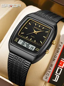 Three-Da Cross-Border Classic Steel Band Electronic Watch, Multifunctional Waterproof Wristwatch, Wine Barrel Three-Time Zone Alarm Clock, Digital Watch, Water Resistant Wristwatch