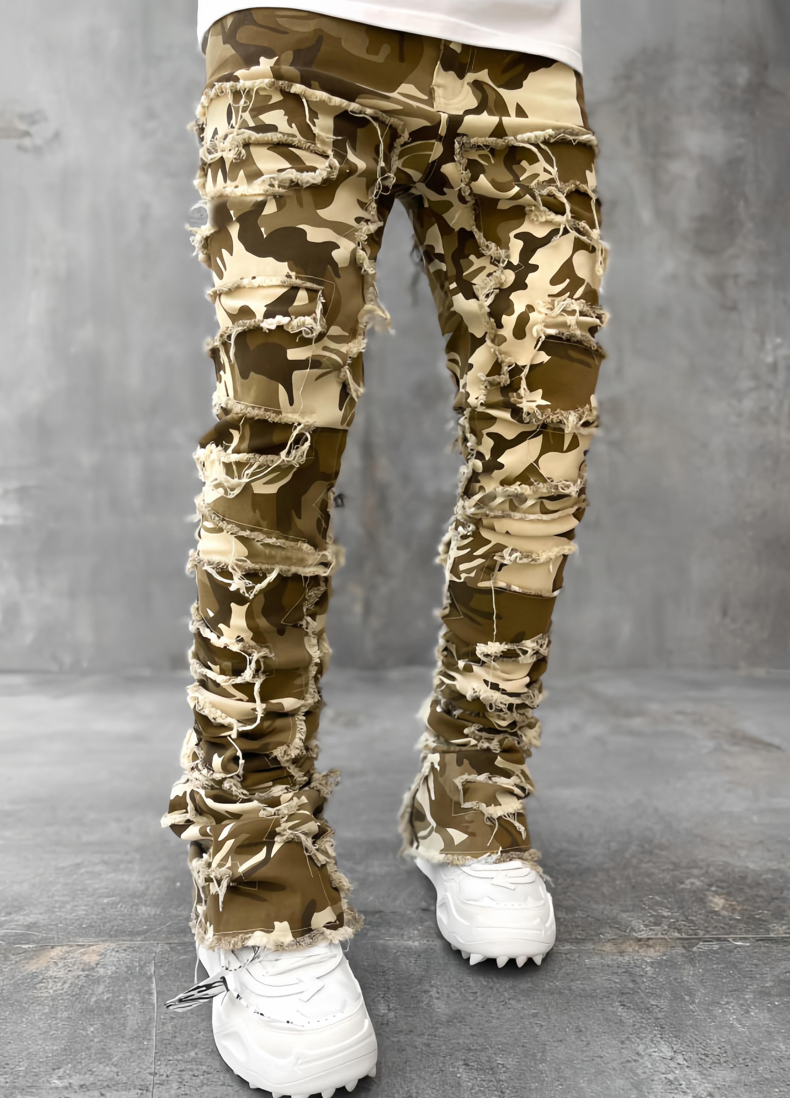 Men’s light-wash stacked flare jeans with heavy frayed patches