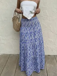 Women's Floral Print Leaf Long Dress, High Elastic Waist Pleated Loose Fit Bottoms, Casual Commuter Simple Vacation Wear Boho Bohemian Style Skirt