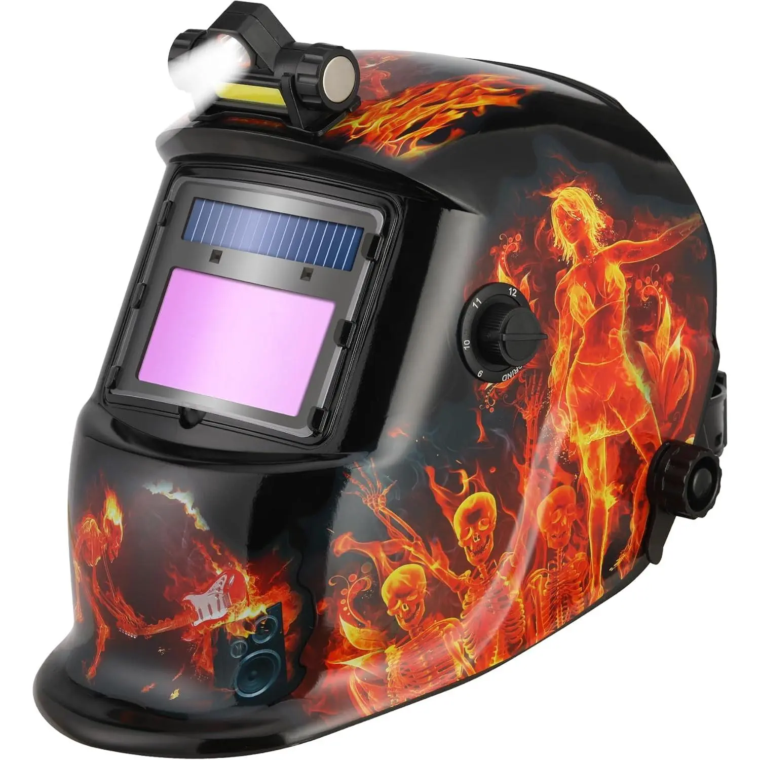Welding Helmet Auto Darkening with LED Light True Color Solar Powered Welder Hood with Adjustable Shade Range 4/9-13  Mig Tig Arc Welding Mask (Fire Skeleton)