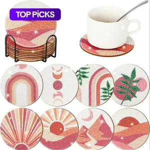 Pastel-Colored Landscape Pattern DIY Diamond Art Painting Coasters, 8 Counts Wooden Round Table Decorative Cup Mats with Stand for Home, Kitchen and Coffee Shop #TOP PICKS