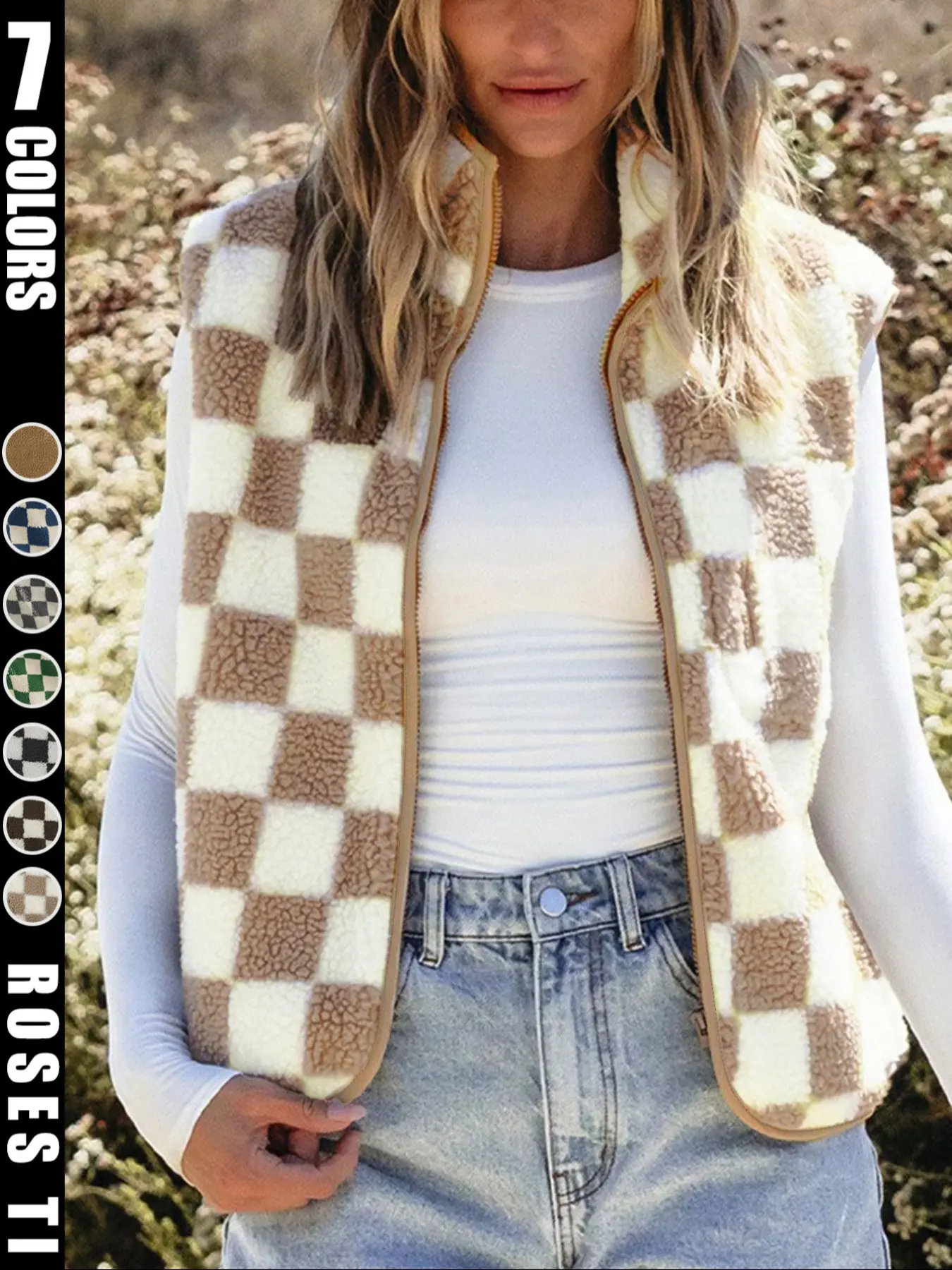 Ins style women's checkerboard Pattern Soft plush vest, outerwear for Autumn and winter, loose vest, Short, Womenswear