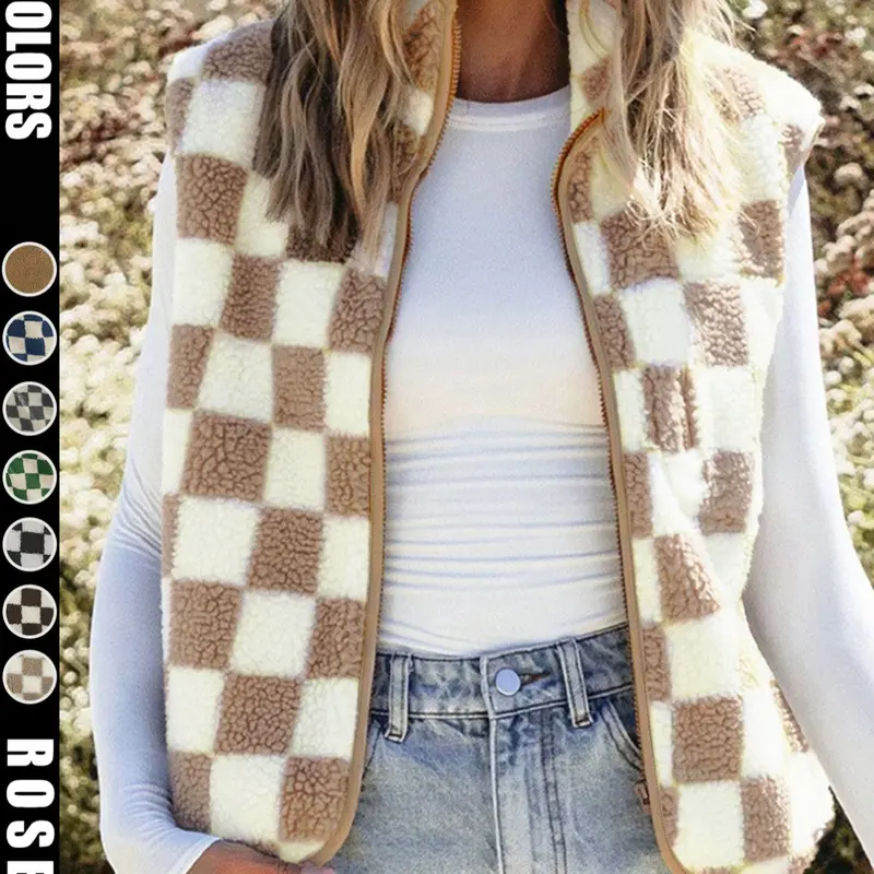 【Black Friday】Ins Style Casual Checkerboard Women's Plush Vest, Autumn & Winter Outerwear, Retro Loose Short Vest Jacket Top