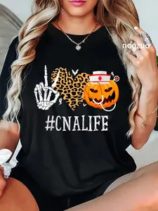 100% Cotton Unisex CNA Certified Nursing Assistant Peace Love Pumpkin Halloween T-Shirt Casual Top