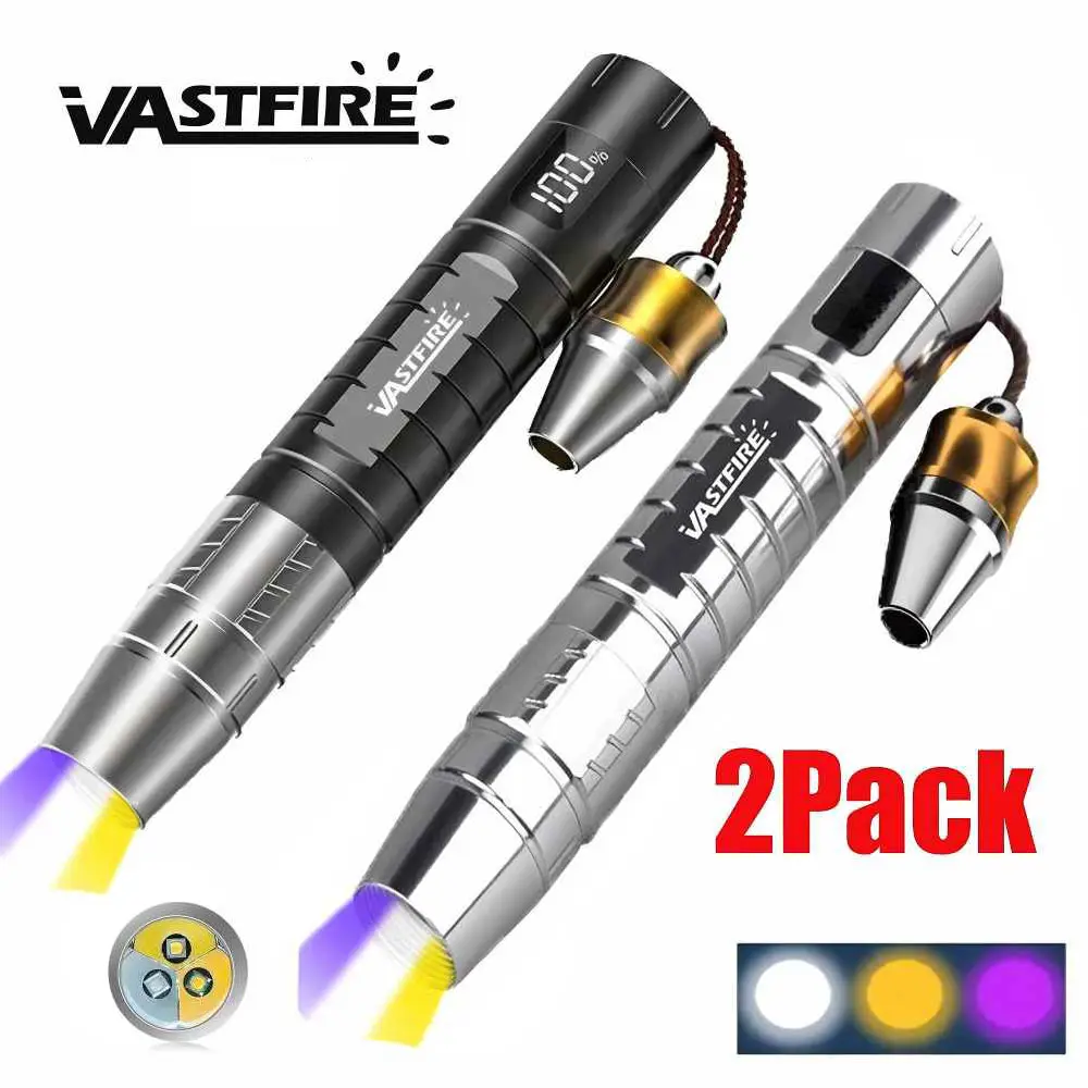 VASTFIRE Dual Pack Adjustable 3-in-1 Gem Identification High Performance Flashlight - 365nm UV/White/Yellow Light, 18650 Battery, Type-C USB Rechargeable Portable Identifier for Jade, Antiques (Business Use), Usb Rechargeable Flashlight