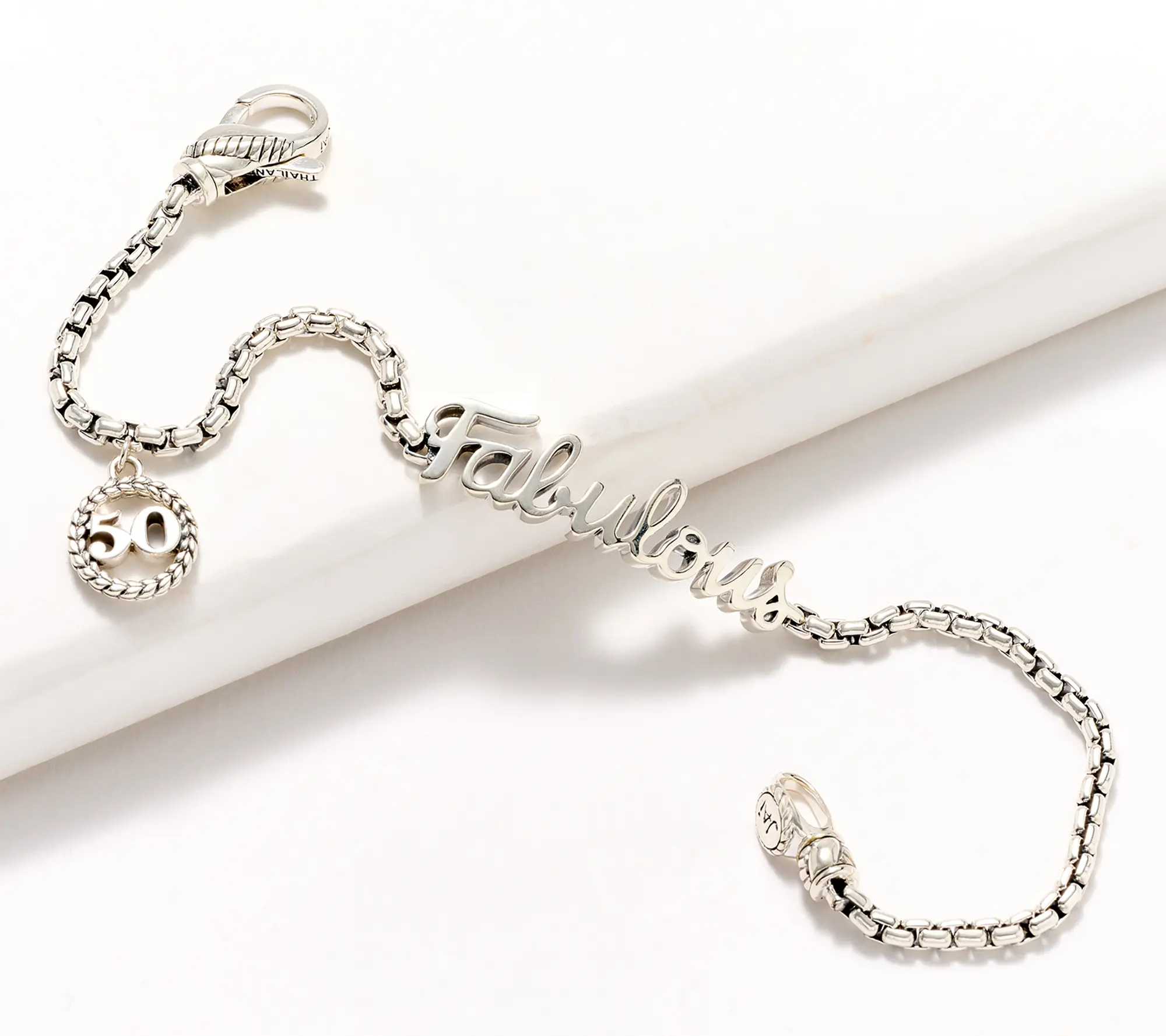 JAI Sterling Silver 50 & Fabulous Box Chain Charm Bracelet, 9.0g