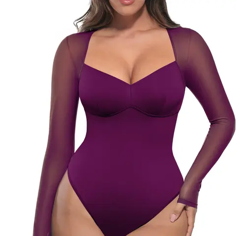 FeelinGirl Women's Mesh Bodysuit Fitted Chic Basic Medium Length Long Sleeve Top & Comfortable Underwear for Fall newarrivals SohoChic