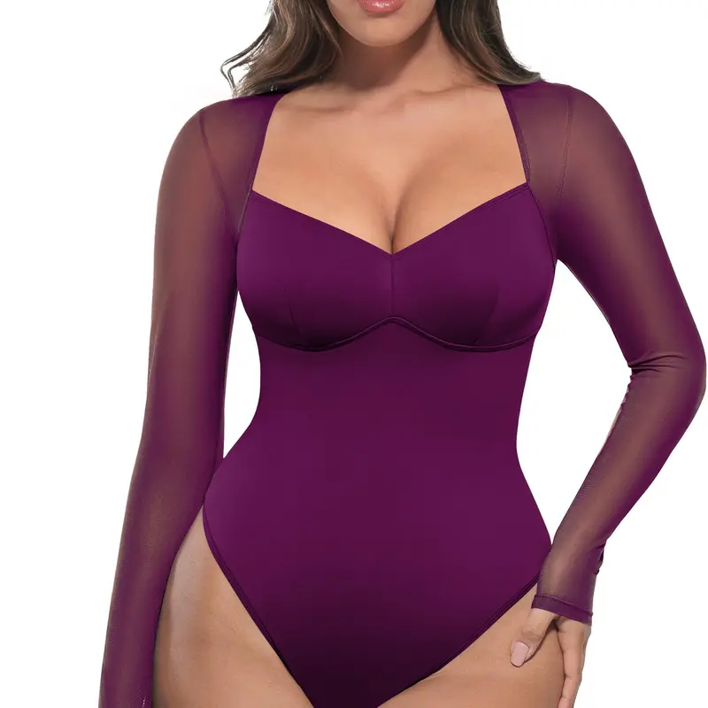 FeelinGirl Women's Mesh Bodysuit Fitted Chic Basic Medium Length Long Sleeve Top & Comfortable Underwear for Fall newarrivals SohoChic
