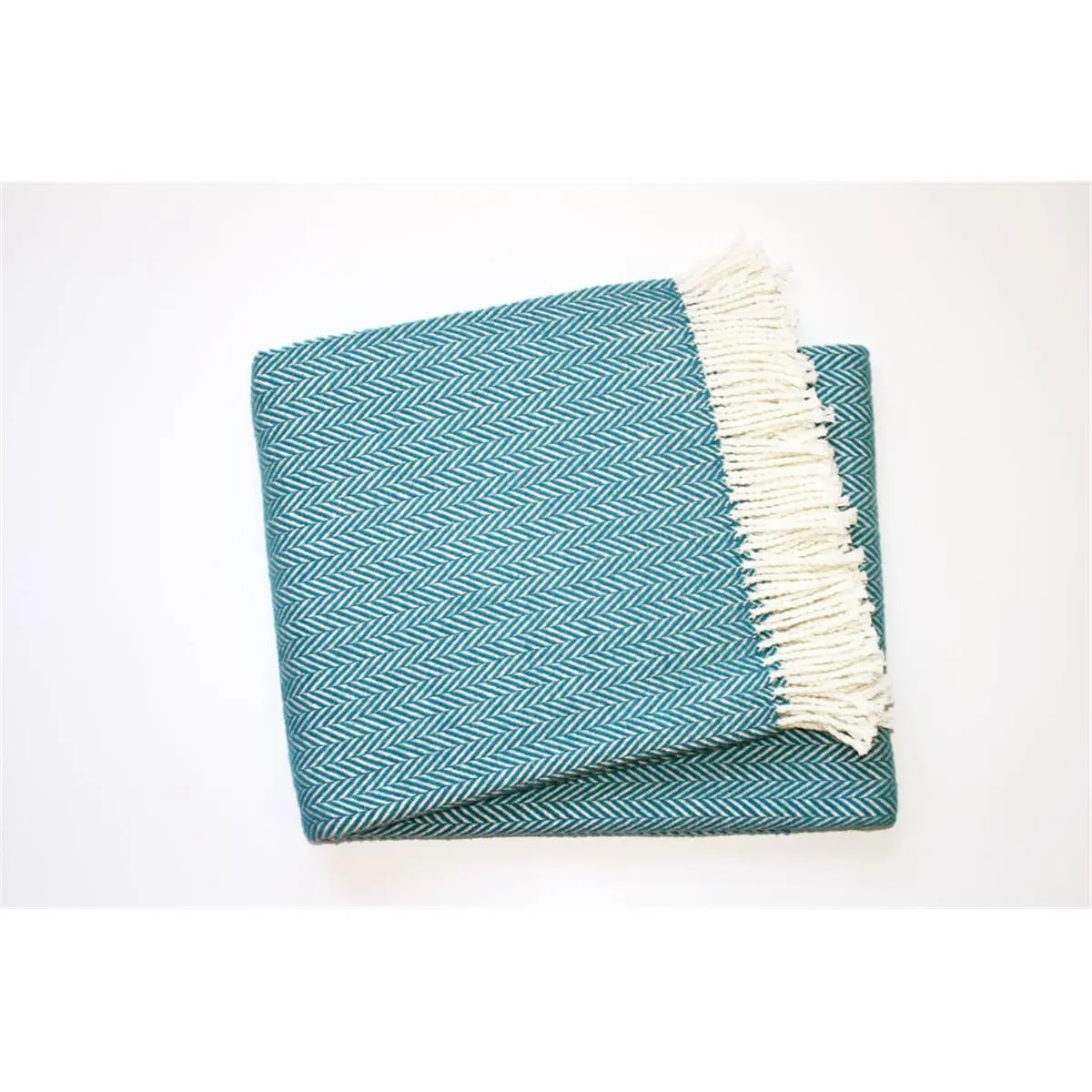 Herringbone Woven Cotton-Acrylic Throw Blanket - Dreamy Soft Teal Blue & White, Fringe Edge Textile for Indoor Living Room Decor