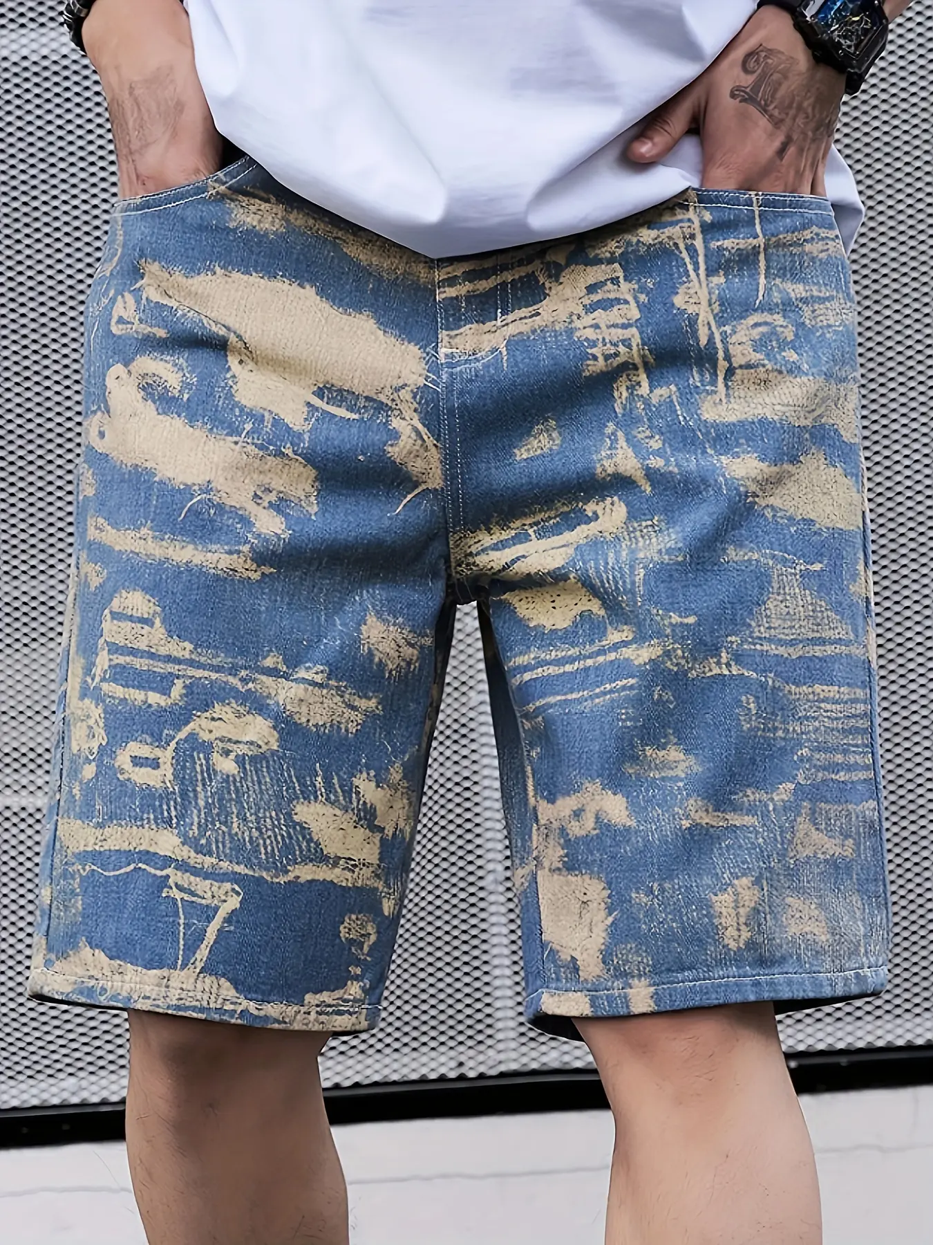 Men's camouflage printed denim shorts