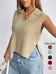 Women's Plain Split Hem Sweater Vest, Casual Fitted Solid Collar Sleeveless Knitwear Top for Summer, Fashion Ladies' Collared Knit Clothing for Everyday Wear, Minimalist Basic Womenswear, Sleeveless Vests, Casual Comfy Vest
