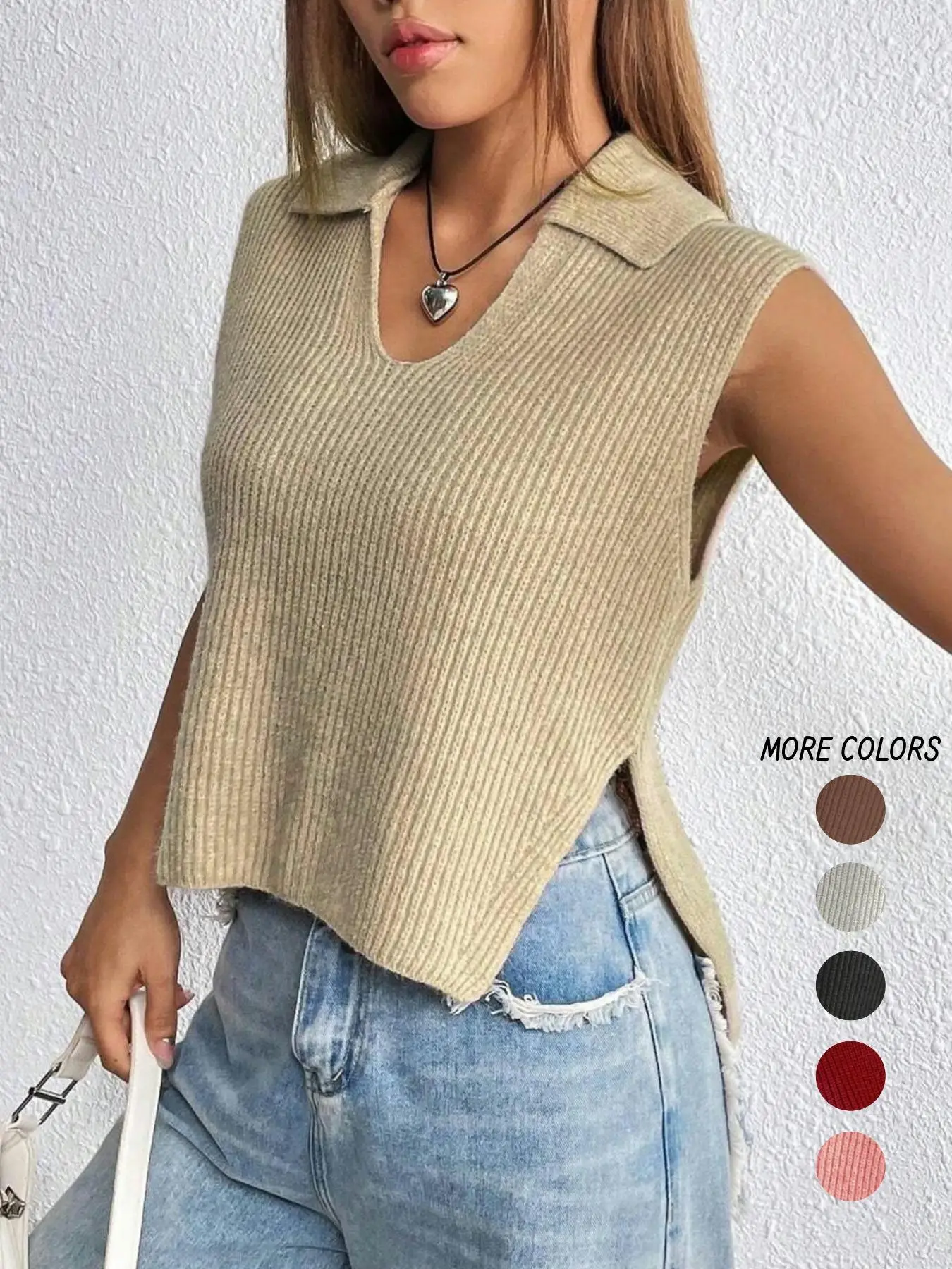 Women's Plain Split Hem Sweater Vest, Casual Fitted Solid Collar Sleeveless Knitwear Top for Summer, Fashion Ladies' Collared Knit Clothing for Everyd