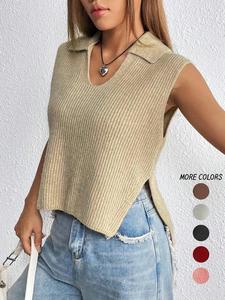 women's plain split hem sweater vest, casual solid collar sleeveless knitwear top for summer, fashion ladies' knit clothing for everyday wear, womenswear