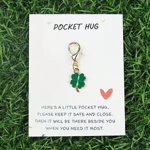 Lucky Four-Leaf Clover Keychain with Bonus Inspirational Blank Pocket Cards, Perfect for Party Favors, Handbag Charms, and Car Key Accessories