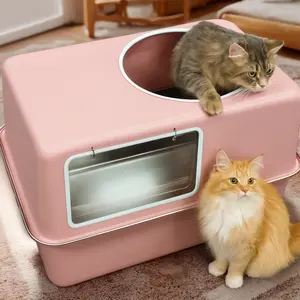 2026 Upgrade Enclosed Side Entry Stainless Steel Litter Box Odor-Free Easy Clean Side Entry Multi-Cat Friendly Pink High-Quality Rust-Resistant Non-Stick Surface