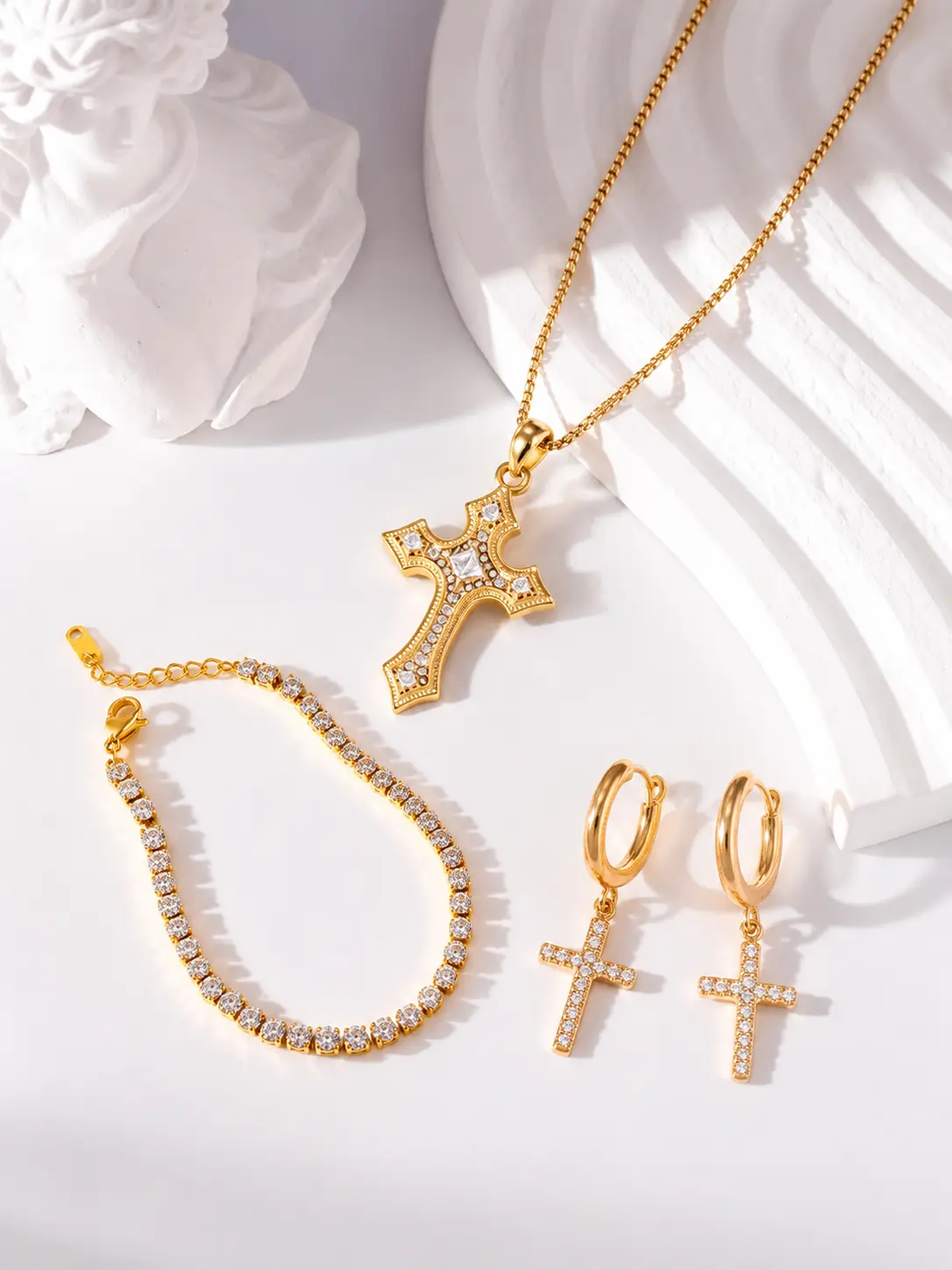 Vintage Cross Set, Hypoallergenic Gold-Tone Necklace Earrings Bracelet, Elegant Fashion Accessory