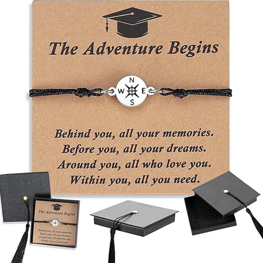 2026 Graduation Bracelet with Cap Gift Box, Adjustable Unisex Bracelet for High School & College Ceremony Gifts Compass Design Inspirational Quote