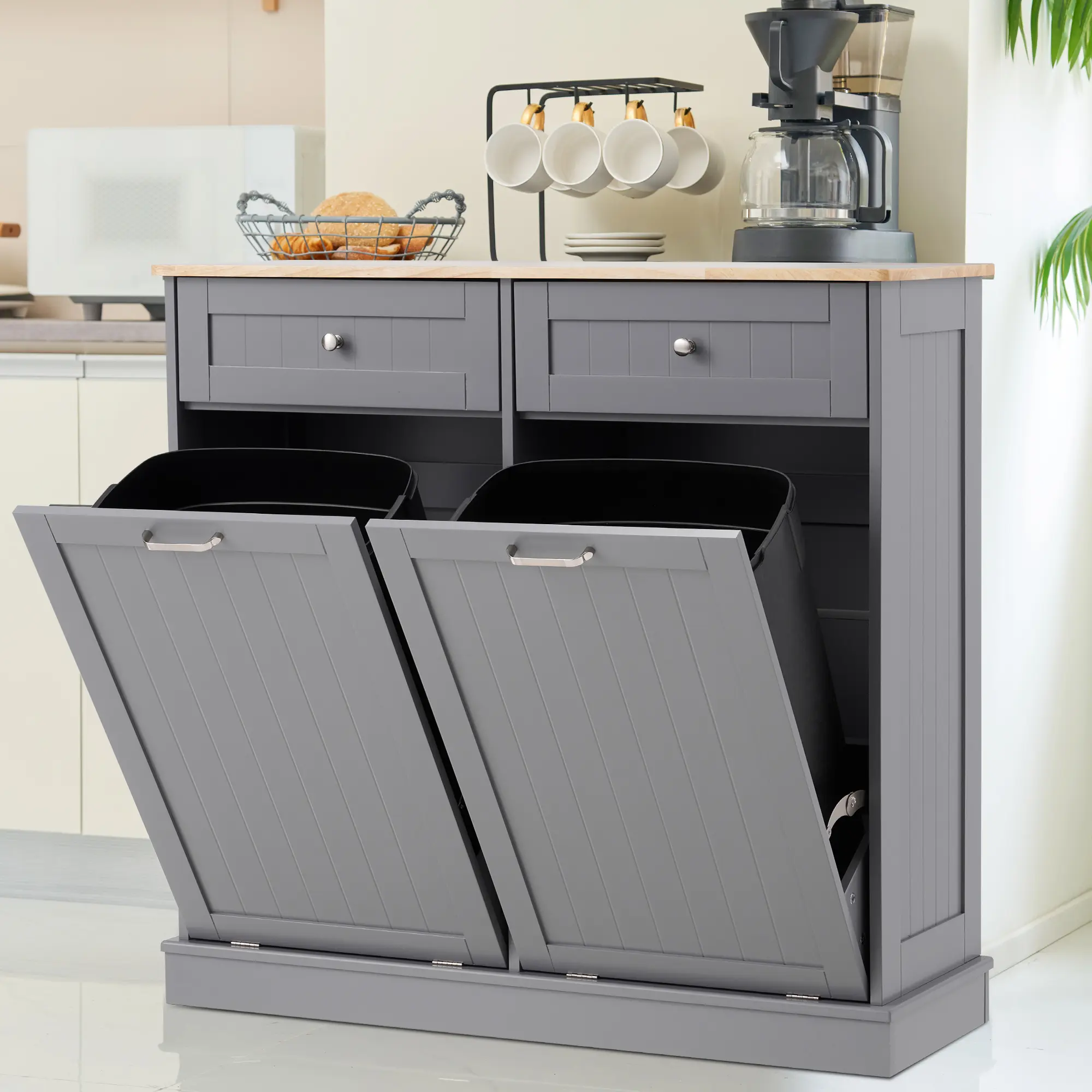 【Does Not Include Trash Can】 Spurgehom Double Tilt-Out Trash Can Cabinet, 26 Gallon Hidden Garbage & Recycling Bin with Handles, Pet-Proof Kitchen Storage Cabinet summervibes Organizing