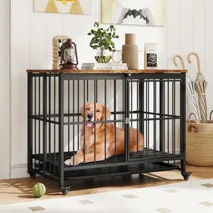 COSTWAY - Foldable Dog Crate Furniture with Removable Tray and Lockable Door-L