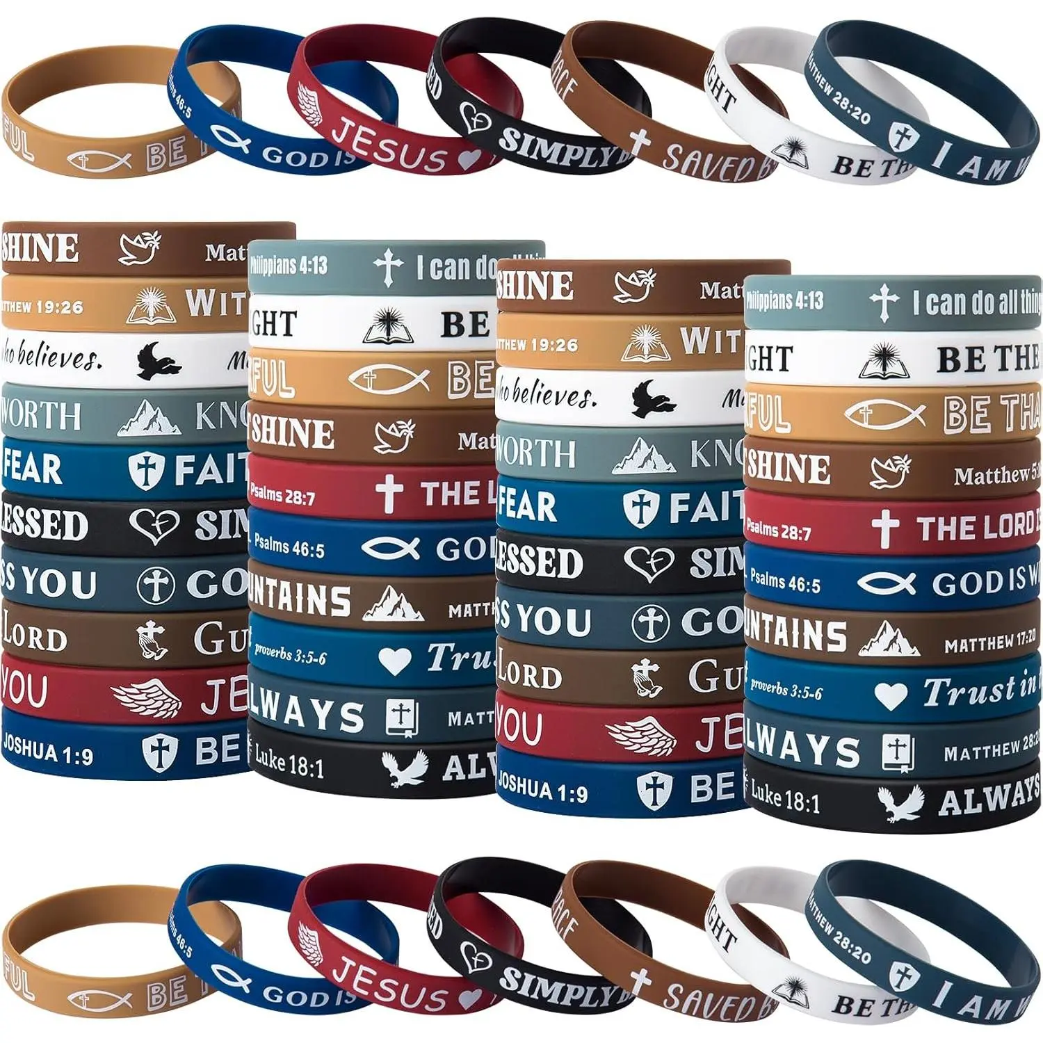 Silicone Rubber Bracelets 20-Pack, Colored Christian Wristbands with Bible Verses for Men & Women, Religious Gifts for Stacking, Bracelets Stacking, Silicone Rubber Bracelet