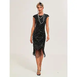 Vintage 1920s Flapper Dress with Sequins and Tassels - V-Neck, Short Sleeve, Detail, Polyester - Ideal for Roaring Twenties Themed Parties, Banquets, and Gatsby Balls