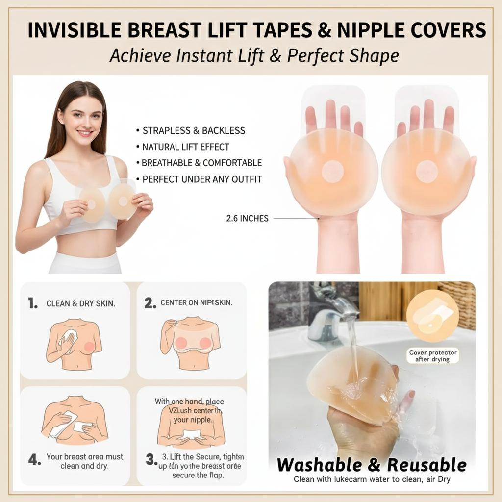 Breast lifting cream, breast lifting tape nipple cover, cream nipple cover, lifting nipple cover, straplessadhesive bra, silicone adhesive bra, reusable women's breast tape (circular) pad