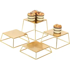 Dessert Table Risers Display Stands Food display Gold Metal Square Retail Pizza,Cupcake,Candy Stands Food Platter Tray,6x6 INCH,Set of 4