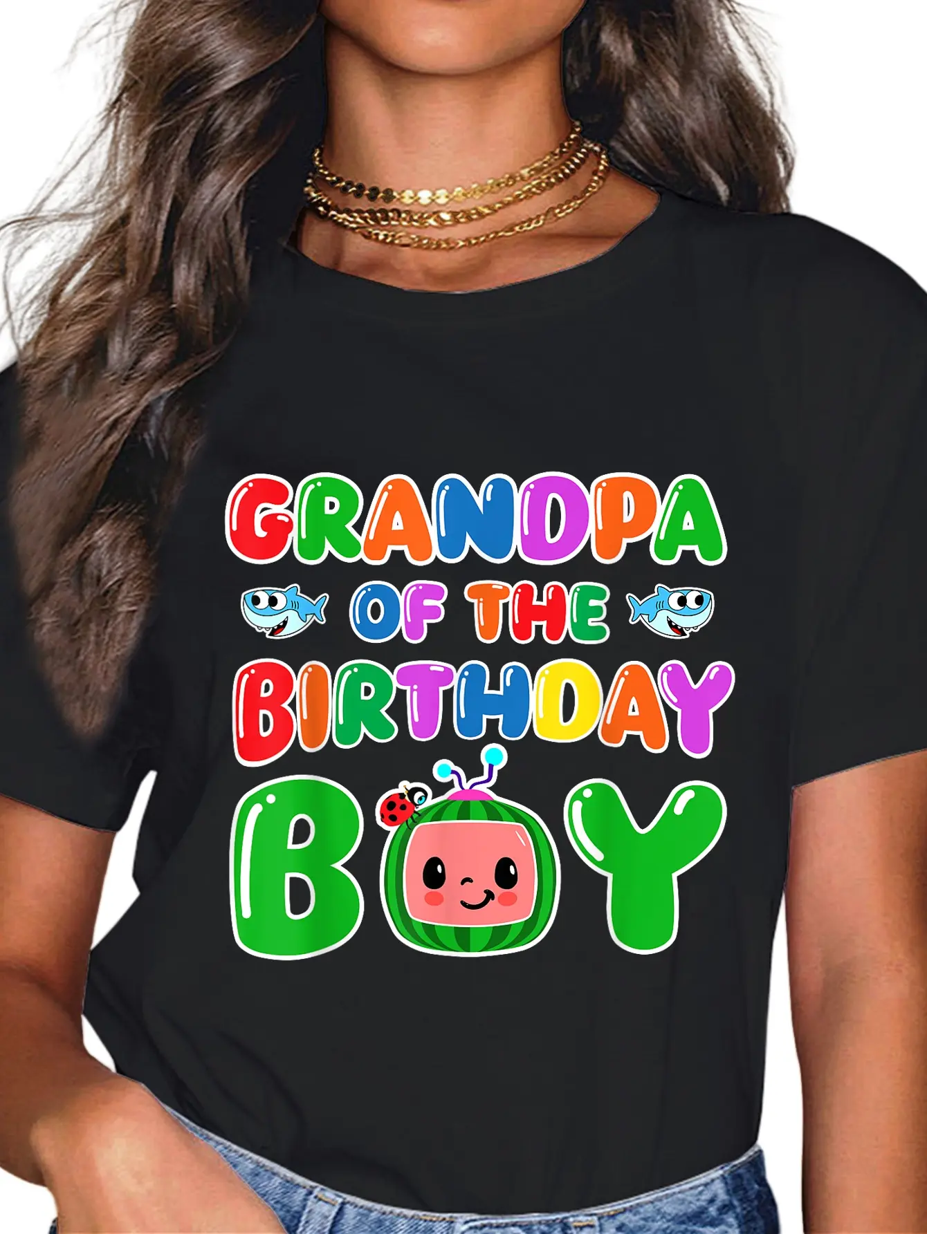 Women's 100% Cotton Casual Short-Sleeve Round Neck Graphic T-Shirt - Funny Grandpa Of The Birthday Boy Melon Family Matching Design, Shortsleeve, Everyday, Tshirt, Top
