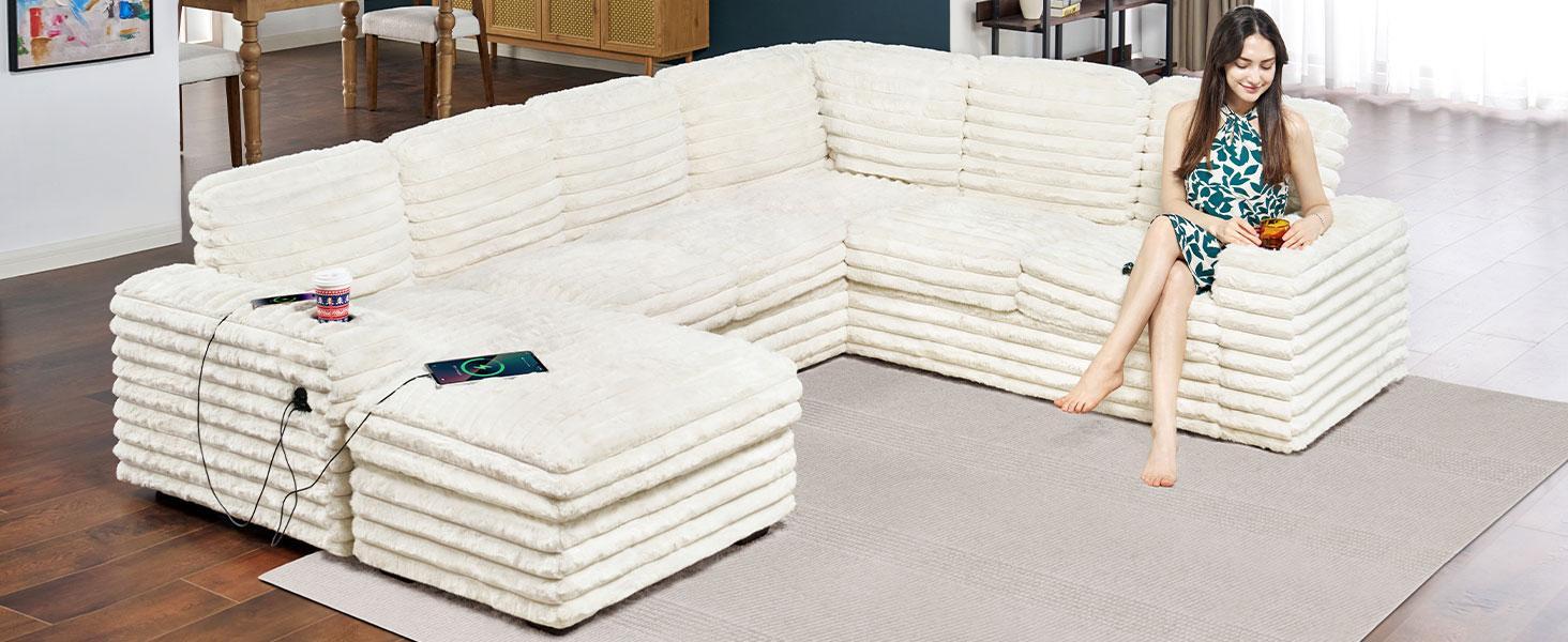 【Ships in 2 Boxes】AMERLIFE 112 Inch Oversized Couch for Living Room, U Shaped Sofa with Storage Chaise, Sectional Sofa Seater with Type-C & USB Ports,  Interior High-density Foam, Comfy & Durable, Modern Home Design