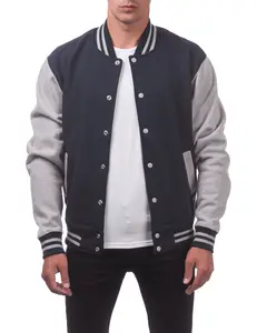 Pro Club Men's Varsity Heavyweight Fleece Baseball Jacket - Navy Blue/Heather Gray - Large