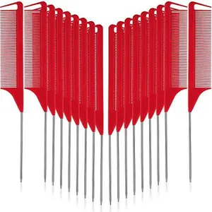 12 Pcs Rat Tail Comb for Parting Braiding Hair Carbon Fiber Heat Resistant Teasing Comb Stainless Steel Pintail for Pressing Teasing Hair Styling Salon Hairdressing Home(Red)