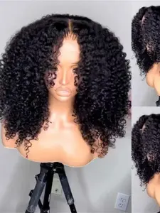 Soft Long 16 Inch 180 Density Kinky Curly Short Bob Lace Front Wig, Synthetic Glueless Pre-Plucked Heat Resistant Daily Wear Wig All Seasons