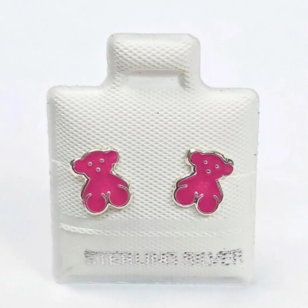 Cute Bear Pink Enamel Silver Stud Earrings (8mm) - 925 Sterling Silver