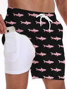 Men's Elastic Waist Quick-Dry Casual Shorts, Fitted Compression Beach Pants with Drawstring, Natural Waist, Short Length, Print Pattern, Swimming Trunks