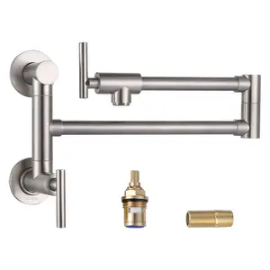 WOWOW Solid Brass Wall-Mount Folding Pot Filler - Over Stove, Single Hole, Brushed Nickel Finish, Double Joint Swing Arms, Built-In Faucet Aerator, Double Handle, Double Handle Faucet