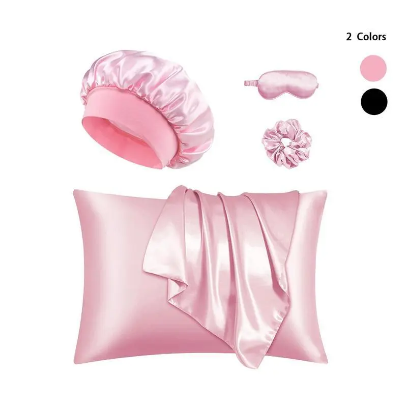 Solid Pink Satin Sleep Set for Women - Luxury Travel Gift Kit with Blackout Eye Mask, Hair Bonnet, and Soft Pillowcases