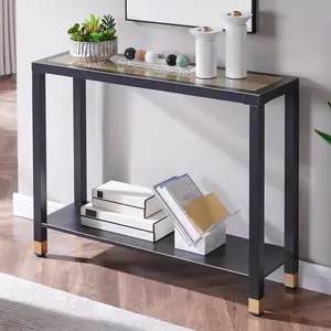 Glass Entryway Table, 2-Tier Entry Way Console Entrance Table, 41"L Narrow Sofa Table with Shelves, Ideal for Hallway, Entryway, Living Room, Foyer, Corridor, and Office (Gold & Black)